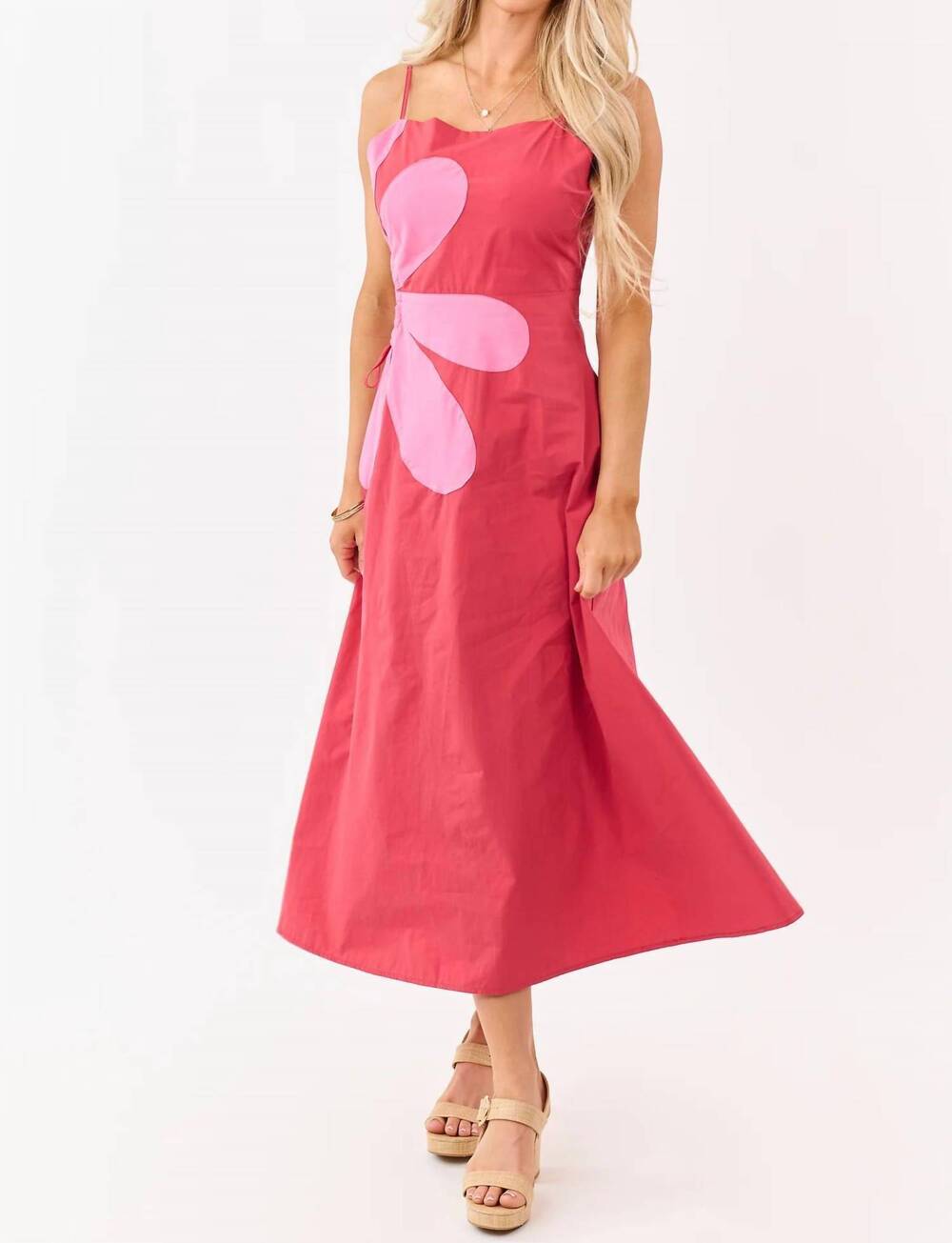 NEW VERY J daisy midi dress in red & pink